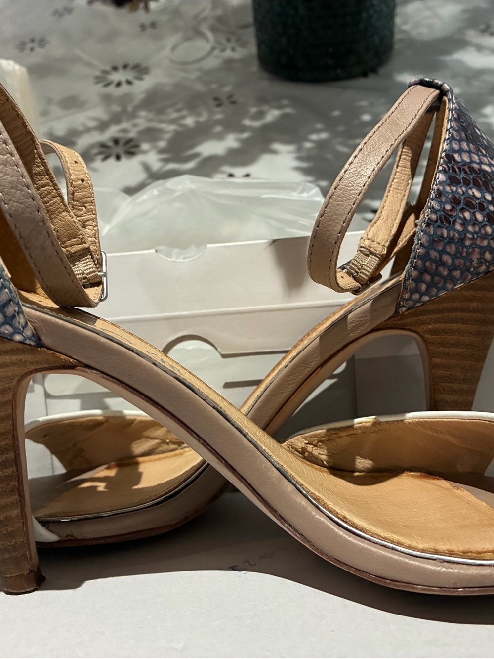Women's Beige and Blue Textured Ankle-Strap Heels